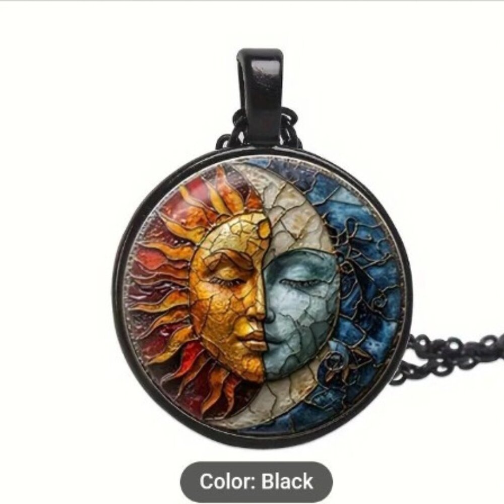 1pc Round Pendant Necklace With Sun & Moon Pattern, Creative Oil Painting Style